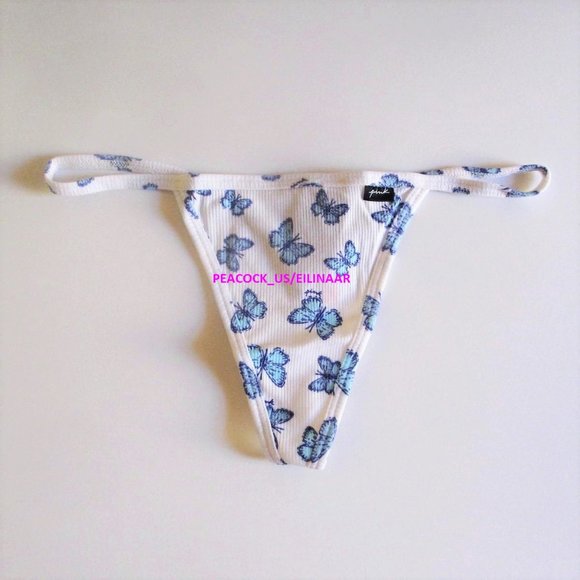Victoria Secret PINK Cotton V-String Thong Panty M L XL White Blue Butterfly - Picture 4 of 5